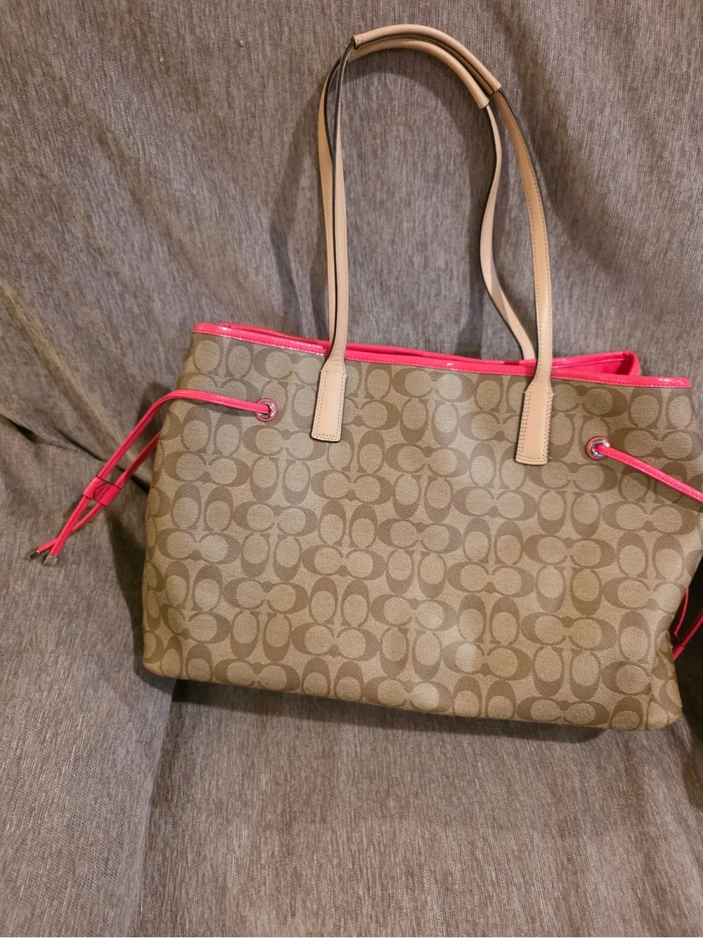 Sold Coach Brown Signature Tote with Pink Stripe